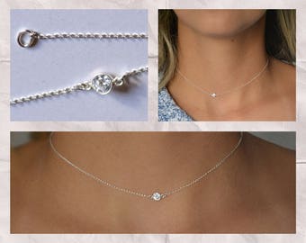 Silver Choker / Single CZ Solitaire Diamond Choker / Little Round CZ Charm Choker Necklace / Silver Chain Choker / Sterling Silver Diamond