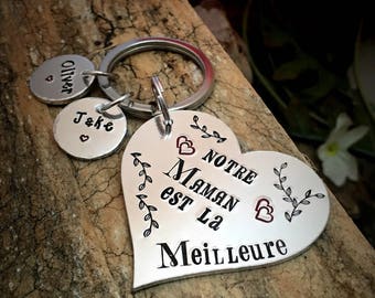 Hand Stamped Maman Meilleure, French Personalised Metal Keyring