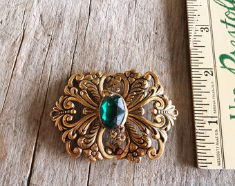 Vintage 1940s Sash Pin with Large Green Center Stone | Gold and Green 1940s Brooch