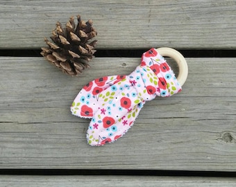 Wildflower Forest Floral Pink and Colorful Wild Child Bunny Ear Terry Cloth Teether with Natural Wooden Teething Ring