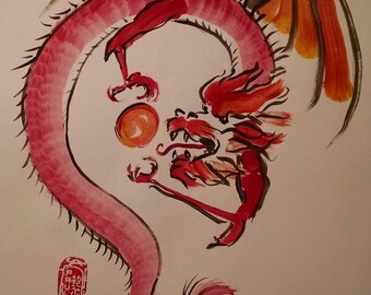 Original Sumi-e Asian style painting Eclipse Dragon Eating the Sun