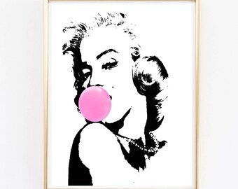 Marilyn Monroe print, Marilyn bubble gum wall art, Marilyn poster, fashion wall art, vanity wall decor, powder room printable art, celebrity