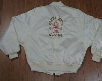 Vintage Golds Gym White Bomber Jacket Mens Medium 90s Workout USA