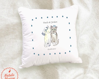 Cat Wedding Cushion Gift for Bride and Groom Personalised Bridal Present Pillow Case Cushions Uk White Blue Wedding Cadeau de Mariage Gato