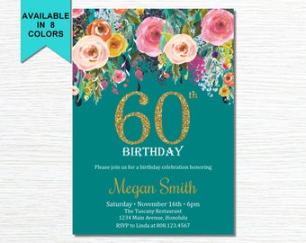 60th Birthday Invitations for Women. Surprise 60th Birthday Invitations. Cheers To 60 Years. Floral Birthday Invitation. Gold Glitter. A15