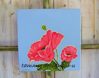 Acrylic Painting Flowers, Red Poppies in Acrylic, Wall Decor, Poppy Decor, Handpainted Poppies, Housewarming Gift