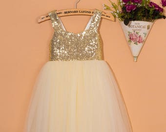 Ivory flower girl dress/gold sequins dress/tulle flower girl dress/baby girl dress/backless flower girl dress/girl dress with bow 0083