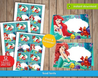 Ariel Little Mermaid Food Label Tents - Ariel, The Little Mermaid food, labels, Tents, tags, decoration, favors - INSTANT DOWNLOAD