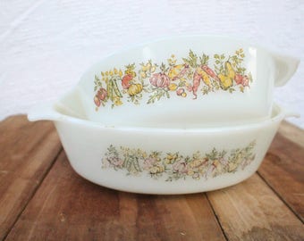 Vintage Anchor Hocking Oval Casserole Dish Set - Vegetable Design