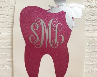 Monogram Tooth decal / dentist / dental hygienist / dental assistant / yeti tooth decal / car / laptop / rtic / cup / glitter
