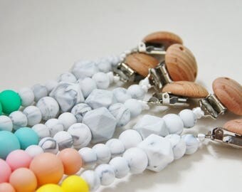 Silicone & Wood DUO MARBLE Pacifier Baby Teether Holder Clip - Mordedor - Chupetero - Schnullerkette - Attache Sucette