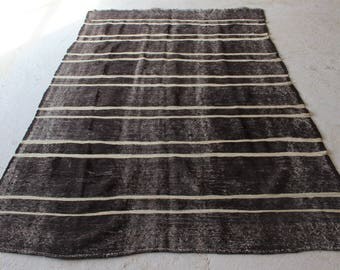 5'10''x8'11'' Vintage Black Kilim, Black Kilim with White Stripes, Striped Old Kilim, Handmade Turkish Kilim, Kilim Rug, Boho Kilim