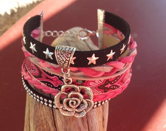 Pink and Black Suede flower Cuff Bracelet