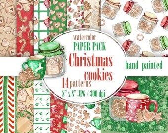 Christmas cookies paper pack. Paper Christmas biscuits watercolor, Christmas sweets digital paper.