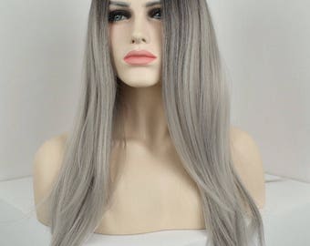 Sassy Silver - Grey Ombre root smudge/shadow - Heat resistant synthetic long layered wig - Can be customised
