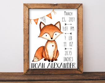 Birth Stats. Fox Birth Stats Wall Art. Orange and Gray Nursery Decor. Personalized Baby Gift. Woodland Nursery Wall Art. Gift For Baby. Fox.