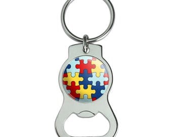 Autism Awareness Diversity Puzzle Pieces Bottle Cap Opener Keychain Key Ring