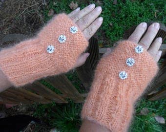 salmon color (mohair), knit fingerless gloves