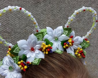 White Lace Bunny Ears,Lace Bunny Floral headband,Beaded White Flowers & Colorful Berries Bunny Ears,Flowers Headband,Floral Summer Headband