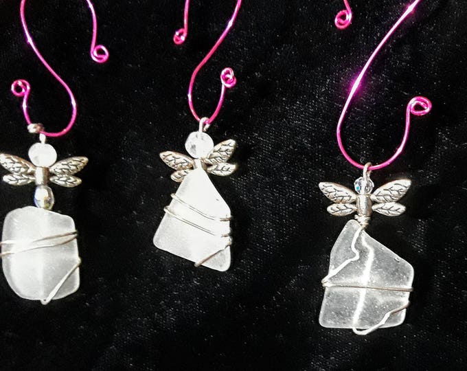 Beach Glass Ornament Assorted styles, this listing is for ONE - star - angel - love - treble clef with a wire wrapped piece of beach glass