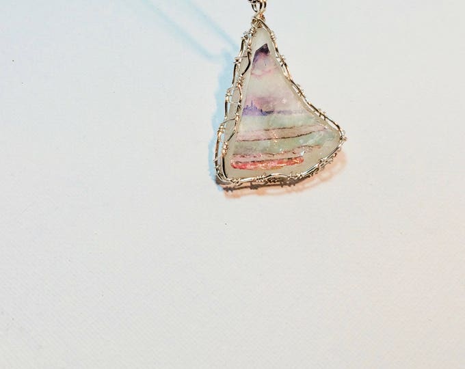 Large Beach Glass pendant with 34" chain - Wire Wrap Beach Scene Beach Glass -Lake Michigan - Chicago Skyline