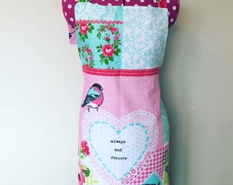 Key apron, womens apron, heart apron, baking apron, rose apron, bird apron, patchwork fabric, flower apron, Floral apron, patchwork aprons,