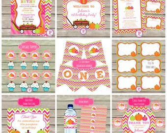 First Birthday Party Invitation Pumpkin Patch Our sweet Little Pumpkin is turning One Fall Harvest Halloween Front Back Huge Party Pack