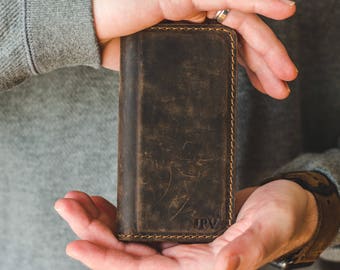 Magnetic Leather iPhone Wallet, Personalized Leather iPhone Case, Magnetic iPhone Case, Distressed Leather - McLean Chestnut Brown