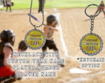 Children's Softball Team Bottle Cap Necklace or Key chain Souvenir jewelry. Customize for your child's sports team.