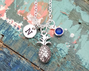 Pineapple Necklace, Personalized Pineapple Necklace, Pineapple Initial Necklace, Silver Pineapple Necklace, Initial Birthstone, BFF Gift