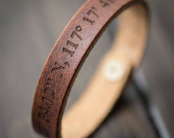 Latitude Longitude Bracelet, Personalized Bracelet, GPS Coordinates, Leather Bracelet, Custom Coordinates Bracelet- English Tan