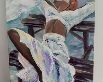 A girl on the bench 50x80 cm Original acrylic painting Romantic sunset on the beach Wall Art for interior Unique gift Bedroom Decor