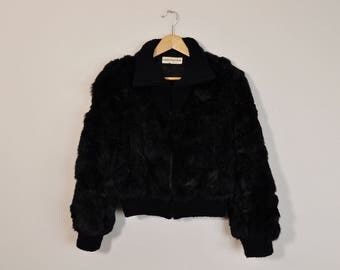 Rabbit Fur Coat, Vintage Fur Coat, 70s Fur Coat, Black Fur Coat, Short Fur Coat, Vintage 70s Coat, Womens 70s Coat Medium