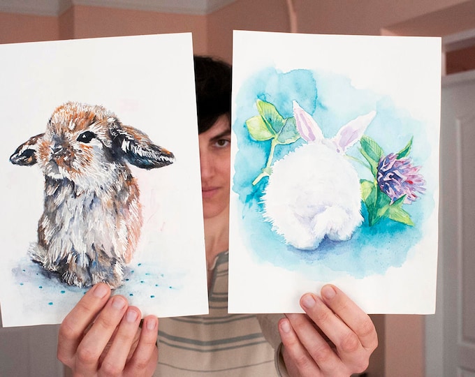 Cute Bunnies watercolor ORIGINAL paintings Rabbits Watercolor Bunnies Cute bunny Painting Cute Rabbits Painting Bunnies Painting Rabbits Art