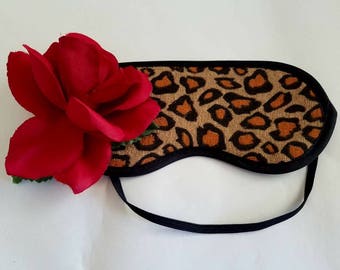 Beauty Beast Sleeping Eye Mask - red rose leopard print black satin elastic
