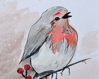 Robin Acrylic orginal art red breast robin wall decor song bird small robin Christmas decoration vintage bird art Katarzyna Sajko Art