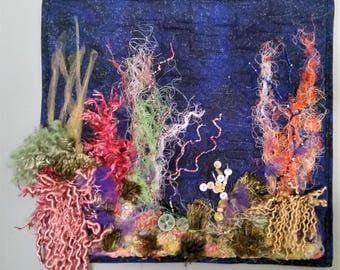 Underwater Landscape Quilt Ocean Sea Bed Art Quilt Fiber Arts Textile Arts Ocean Floor Seaweed Anemones Art Quilts Handmade Hand Beaded