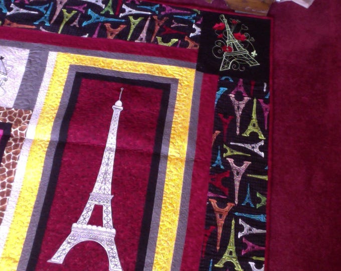 Paris Eiffel Tower Quilt, Paris Applique' Quilt, Girl's Paris Quilt, One-Of-A Kind, Embroidery Paris Quilt, Embroidery Patchwork Paris Quilt