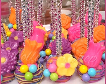 12 Trolls inspired flower cake pops (Birthday, Trolls party favors, Chocolate, rainbow)