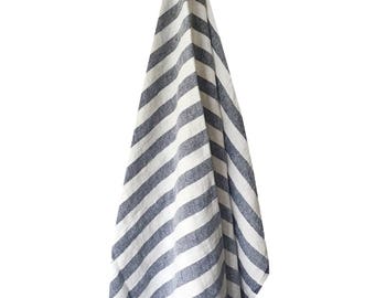 Navy Stripe Linen Bath & Beach Towel - Turkish
