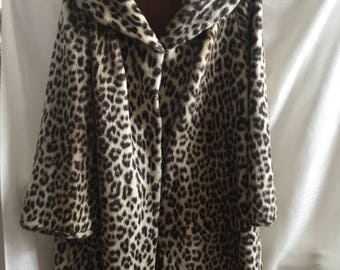 vintage 1950s 1960s leopard faux fur Lister coat bombshell rockabilly pin up full length vegan