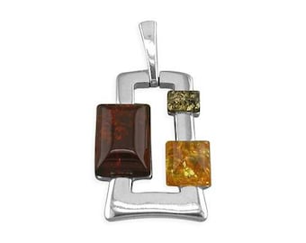 Mixed Amber Abstract Oblong Sterling Silver Pendant