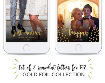 Set of 2 Customized Gold Foil Wedding Snapchat Geofilters! Gold dots, Mr. & Mrs, Just Married, I do, Pair, We Do, Snap Chat Filter