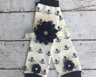 Navy anchor girl leg warmers with matching flower headband/ baby leg warmers/ navy white leggings/ leg warmers