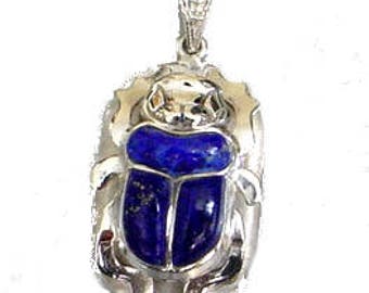 Egyptian Silver scarab w/ Lapis Stone pendant- Egyptian Necklace