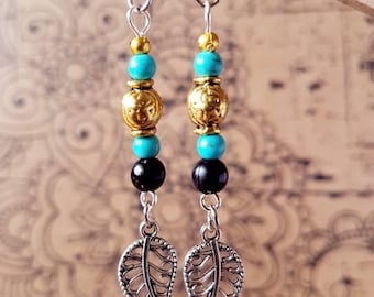 Earthy turquoise and gold leaf drop earrings