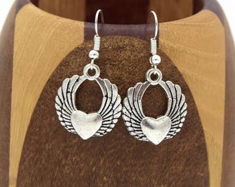 Silver winged heart, silver winged heart clip earrings