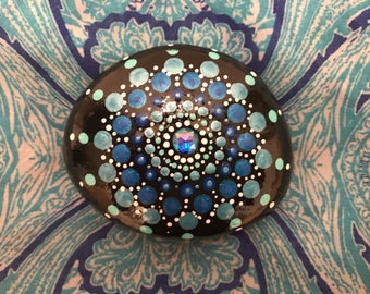 medium, mandala, mandala stone, mandala rock, painted stone, painted rock, meditation stone, dot art, Blue, one of a kind