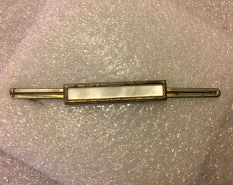 1920s Men's Art Deco Yellow Gold Mother of Pearl Engraved Tie Bar Clip; Father's Day