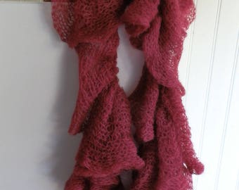 BEAUTIFUL scarf has Burgundy RUFFLE - like a cloud around the neck, about 75 grams due to its composition